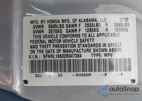 2002 Honda Odyssey Ex z USA, uszkodzony, nr VIN 5FNRL18602B047384